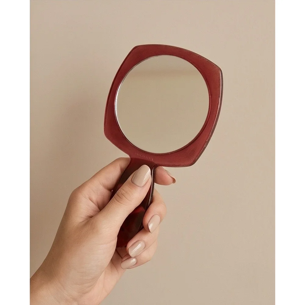 Vintage‎ 60s 70s Hand Mirror Art Deco Floral Red Lucite Made in USA